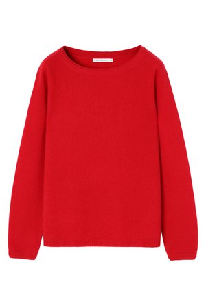 Červený vlnený sveter s okrúhlym výstrihom a dlhými rukávmi. Tkanina má hladkú textúru a obsahuje rebrované okraje na výstrihu, manžetách a spodnej časti.