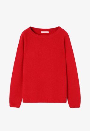 Punainen villaneule pyöreällä pääntiellä ja pitkillä hihoilla. Kankaan pinta on sileä, ja siinä on ribbireunat pääntiellä, hihoissa ja helmassa.