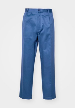 Blå bukser lavet af et glat stof, med en lige ben-design, knaplukning og diskrete syninger.