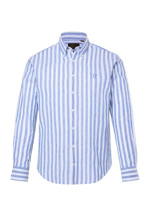 Herrenhemd mit langen Ärmeln und Knopfleiste, mit vertikalen blau-weißen Streifen, Button-Down-Kragen und dezentem "JP"-Logo auf der Brust.