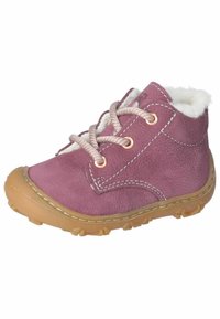 Rosa Leder-Kinderstiefel mit weißem Fellfutter, runder Zehenpartie, hellbrauner Gummisohle und blassrosa Schnürsenkeln. Durchgehende Steppnähte.
