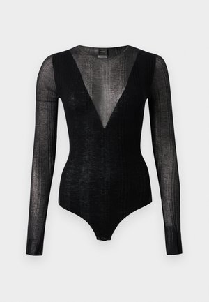 Musta läpikuultava pitkähihainen bodysuit, jossa syvä V-kaula-aukko ja vartalonmyötäinen siluetti, yksiväristä vaaleaa taustaa vasten.