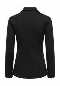 Blazer noir ajusté à manches longues et col cranté, vu de dos sur fond blanc.