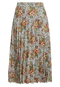 Blommig plisserad kjol i vitt med svarta prickar, med mönster av orangea och gröna blommor samt en flytande design.