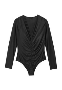 Body a maniche lunghe nero con scollatura a V profonda, caratterizzato da arricciature frontali e una finitura di tessuto liscia e elegante.