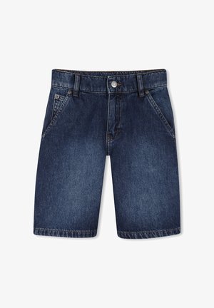 Shorts en jean bleu foncé avec une coupe classique. Ils présentent deux poches avant, une fermeture boutonnée et des coutures visibles le long de l'ourlet.