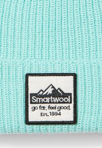 Jasnoniebieska dziana czapka z etykietą z górami, napisem "Smartwool" oraz frazą "go far, feel good" w czerni i bieli.