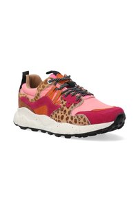 Multicolored sneaker with a combination of pink, orange, and leopard print textures. Features a thick speckled white sole and black laces.