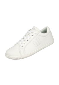 Zapatillas de cuero blancas con diseño de corte bajo, puntera redonda, superficie texturizada, cordones en la parte delantera y suela de goma estriada con un sutil detalle de logotipo.