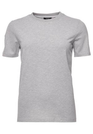 Hellgraues T-Shirt mit kurzen Ärmeln und Rundhalsausschnitt, schlichtem Design und regulärer Passform, vor weißem Hintergrund dargestellt.