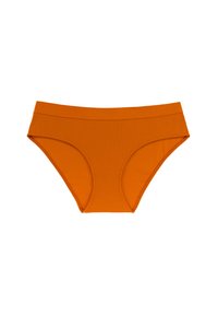 Oranži ribotie bikini apakšveļas biksītes ar vidēju augstumu, kurām ir gluda elastīga jostasvieta un pilna seguma piegriezums.