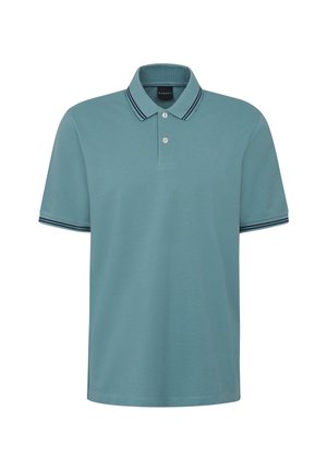 Polo shirt in teal con colletto, placket a due bottoni e accenti a righe contrastanti sulle maniche. Realizzato in tessuto morbido e traspirante.