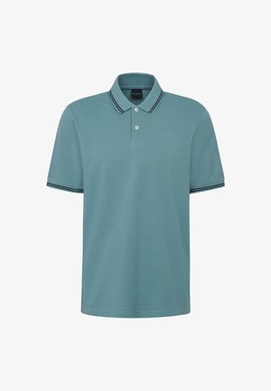 Polo shirt in teal con colletto, placket a due bottoni e accenti a righe contrastanti sulle maniche. Realizzato in tessuto morbido e traspirante.