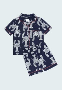 Navy blue cotton pajamas featuring white lobster print, short-sleeved button-up top with pocket, and matching shorts with elastic waistband.