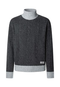 Maglione grigio scuro a treccia con colletto e polsini a costine grigio chiaro. Presenta un piccolo etichetta del marchio sull'orlo. Tessuto morbido, vestibilità classica.