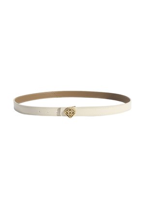 Cream-colored leather belt with a gold geometric buckle and multiple adjustment holes on a white background.