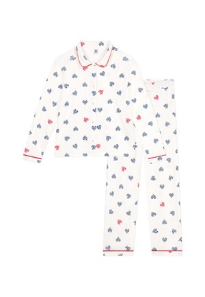 White cotton pajama set with long sleeves. Features blue and red heart patterns, striped designs, and red piping along cuffs and collar.