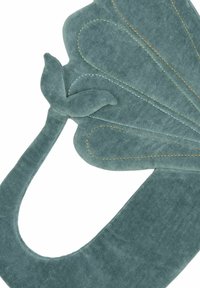 Teal velvet cushion shaped like a leaf, featuring a stitched leaf accent and smooth texture, with a curved, rounded edge.