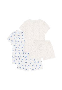 Σετ βαμβακερών πιτζάμων που περιλαμβάνει δύο τ-shirts: το ένα με κόκκινες πουά, το άλλο με μπλε σιλουέτες ζώων, και δύο ταιριαστά σορτς.