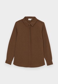 Brown button-up shirt featuring a collared neckline, long sleeves, and vertical thin stripes. Made of textured fabric with a relaxed fit.