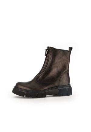 Schwarze Lederstiefeletten mit glatter Oberfläche, seitlichem Reißverschluss und robustem Gummisohle. Mit leicht abgerundetem Zehenbereich.