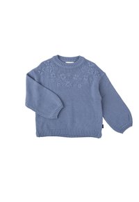 Pull en maille bleu clair avec un col, des poignets et un ourlet côtelés. Une broderie florale orne le devant, créant un détail texturé.