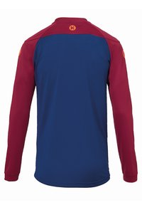 Langærmet trøje i blå og maroon, med rund hals, glat stof og kontrastfarvede ærmer med logo accenter på skuldrene.