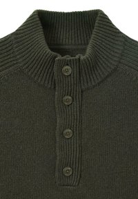 Dunkelgrüner Strickpullover mit einem gerippten hohen Kragen und vier passenden Knöpfen an der vorderen Leiste.