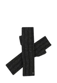 Guantes sin dedos de lana suave en color gris, con textura acanalada y un logo bordado cerca de la muñeca.