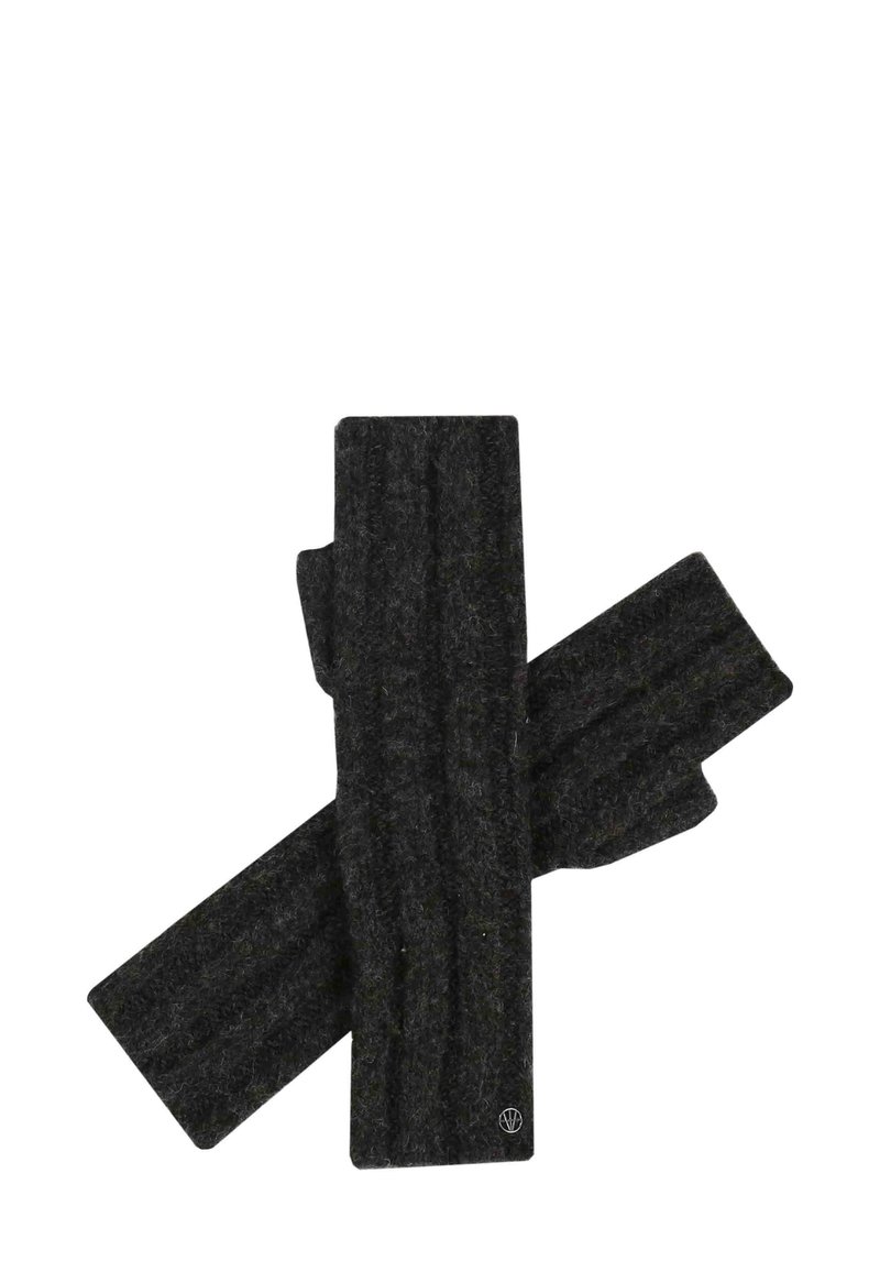 Guantes sin dedos de lana suave en color gris, con textura acanalada y un logo bordado cerca de la muñeca.