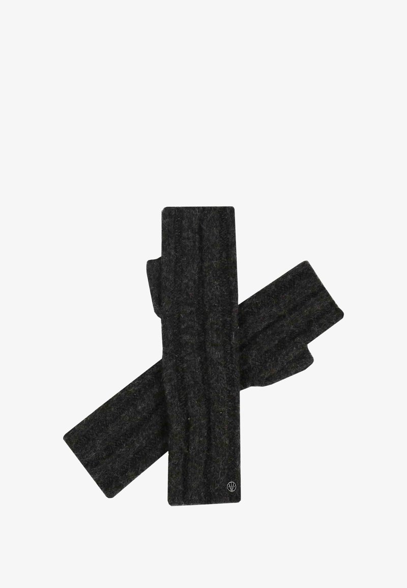 Hallika kudumata sõrmevabaa kindad, mis on valmistatud pehmest villast, ribakujunduse ja tikandlogoga randme lähedal.