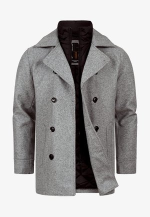 Grå peacoat laget av en teksturert ullblanding, med dobbelspent front med svarte knapper og et vattert svart for.