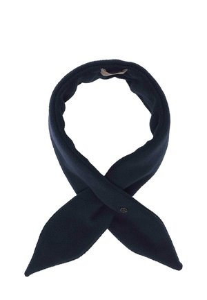 Dark navy blue fleece neck warmer with a button closure, shown in a looped style on a white background.