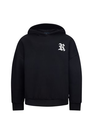 Zwarte hoodie met een ontspannen pasvorm, ribgebreide manchetten en een klein wit logo op de linkerborst. Gemaakt van zachte, gestructureerde stof.