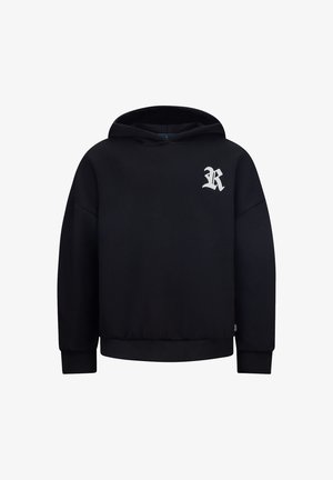 Zwarte hoodie met een ontspannen pasvorm, ribgebreide manchetten en een klein wit logo op de linkerborst. Gemaakt van zachte, gestructureerde stof.