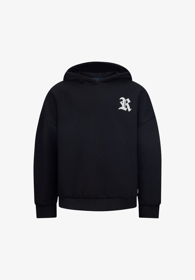 Felpa nera con cappuccio, dal taglio rilassato, con polsini a costine e un piccolo logo bianco sul lato sinistro del petto. Realizzata in un morbido tessuto texture.