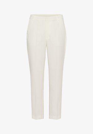 White tailored trousers with a straight fit, featuring front pleats, side pockets, and a smooth texture. Hemmed at ankle length.