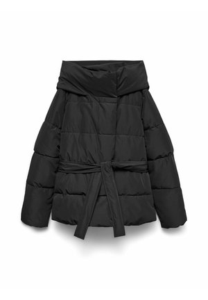 Mustmust pruun puffer-jakk, millel on lai allaklapitav krae, pikad varrukad, vöödiga talje ja tikandit sisaldav tekstuur, millel on lühendatud disain.