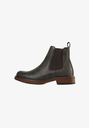 Brown leather Chelsea boots with elastic side panels, rounded toe, pull tab, and a textured rubber sole. Classic design with minimal detailing.