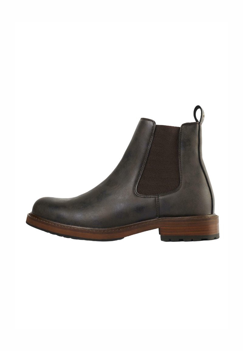 Brown leather Chelsea boots with elastic side panels, rounded toe, pull tab, and a textured rubber sole. Classic design with minimal detailing.
