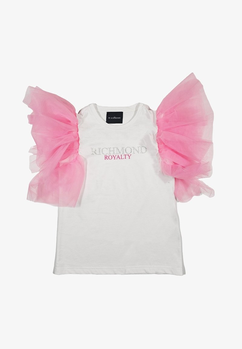 T-shirt bianco in cotone con maniche a sbuffo in tulle rosa. Presenta la scritta "RICHMOND ROYALTY" in lettere argento sul davanti.