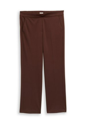 Pantalons marron à jambes larges avec une texture lisse, une taille élastique et deux poches avant. Pas de motifs ou d'ornements visibles.