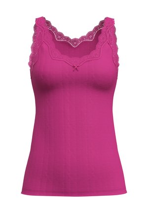 Fuchsia tanktop van textuurstof met een gegolfde kantafwerking langs de halslijn en schouders, voorzien van een klein strikaccent.