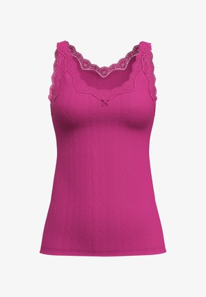 Fuchsia Trägershirt aus strukturiertem Stoff mit einer gewellten Spitzenborte entlang des Ausschnitts und der Träger, verziert mit einem kleinen Schleifenakzent.