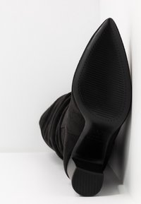 Botte noire en daim à bout pointu avec semelle texturée et talon bloc vue du dessous sur un fond blanc d’angle.