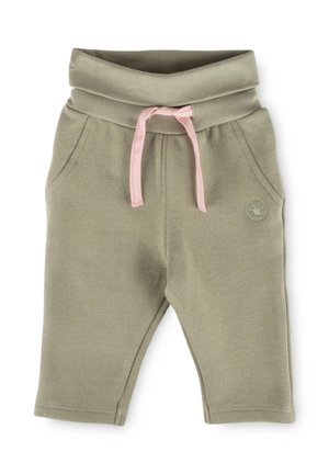 Pantaloni da neonato verde oliva in tessuto morbido, vita a risvolto, coulisse rosa e tasche laterali.