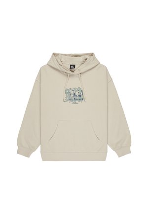 Sweatshirt à capuche beige en tissu doux, doté d'une poche avant, d'un cordon de serrage et d'un graphique floral coloré sur la poitrine.