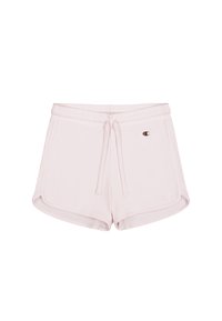 Helle rosa Baumwollshorts mit einem elastischen Bund, Kordelzug, Seitentaschen und einem kleinen Logo-Patch auf der linken Vorderseite.