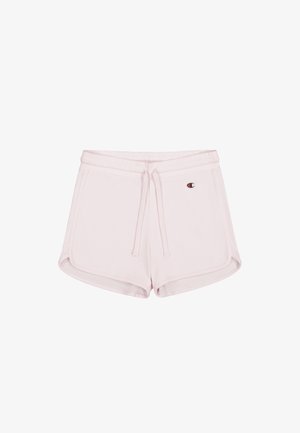 Helle rosa Baumwollshorts mit einem elastischen Bund, Kordelzug, Seitentaschen und einem kleinen Logo-Patch auf der linken Vorderseite.