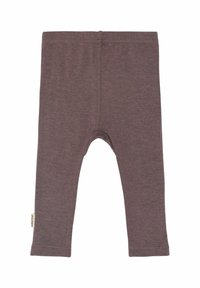 Hnědé bavlněné legíny s jemnou texturou, plné délky a elastickým pasem. Nemají žádné vzory ani další kovové prvky.